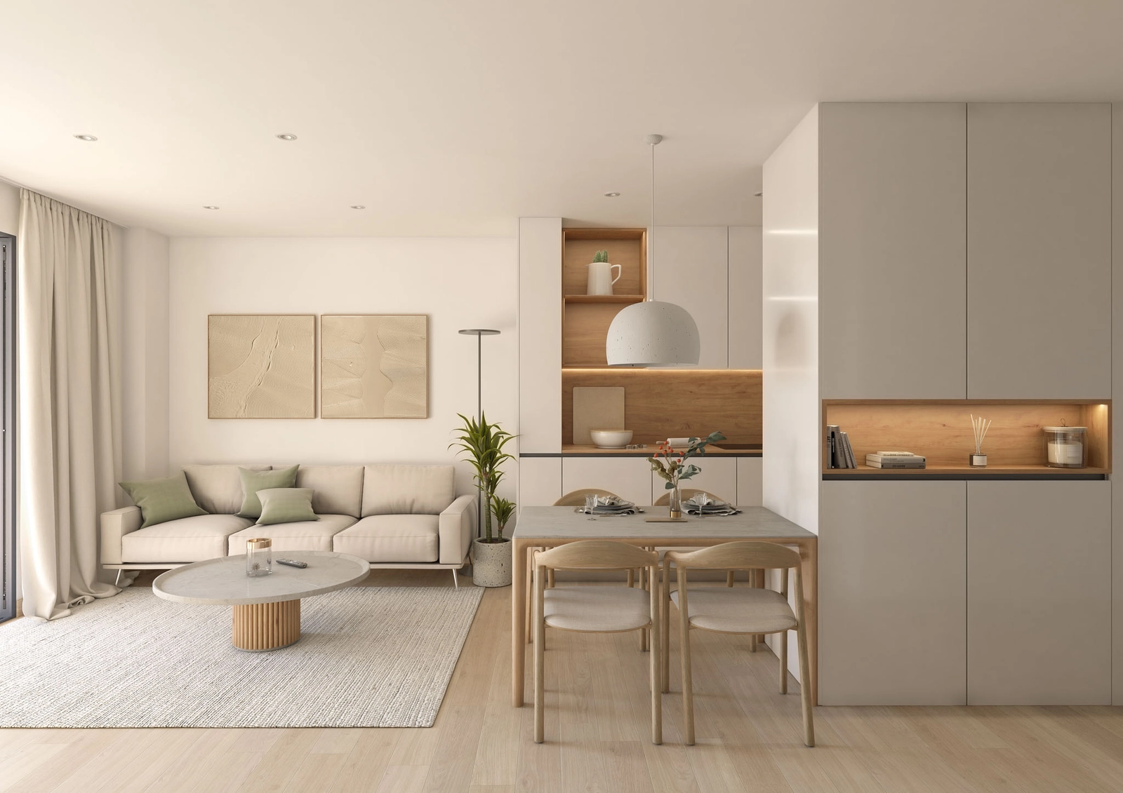 Den öppna planlösningen för vardagsrum och matplats, inredd med moderna möbler och naturligt ljus.