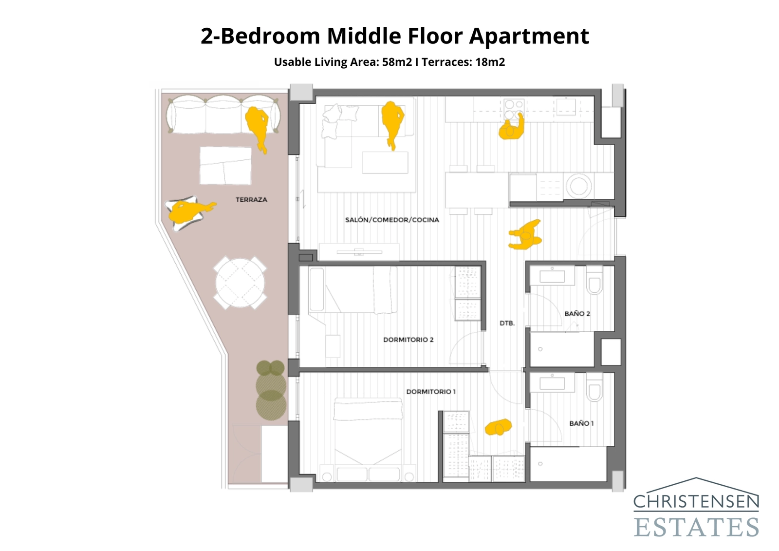 Planlösningen i detta hem med två sovrum är designad för komfort, med ett väldefinierat vardagsrum och privat terrass.