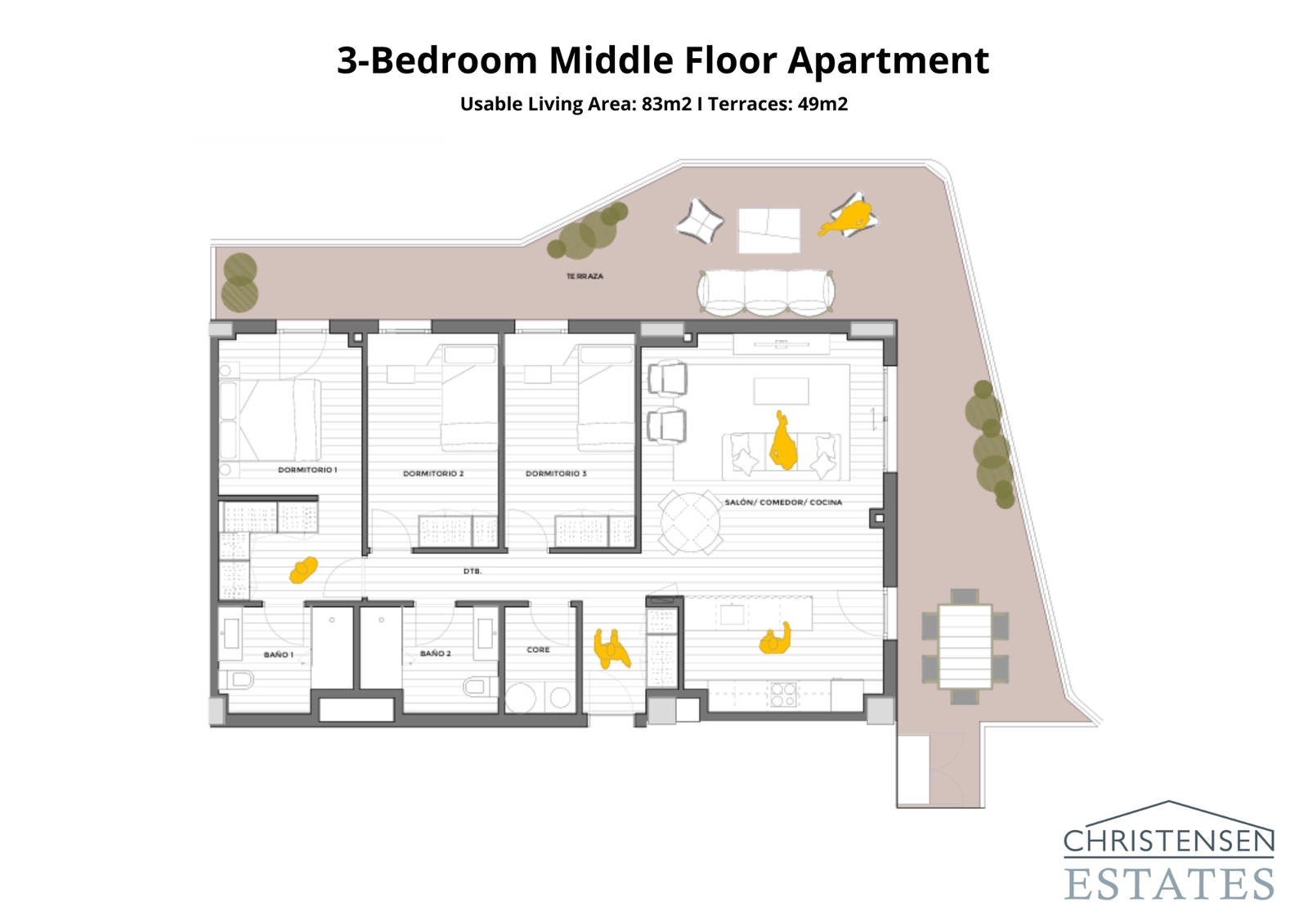 En rymlig planlösning med tre sovrum som visar den utmärkta fördelningen av utrymme och stor terrassyta för familjenöjen.