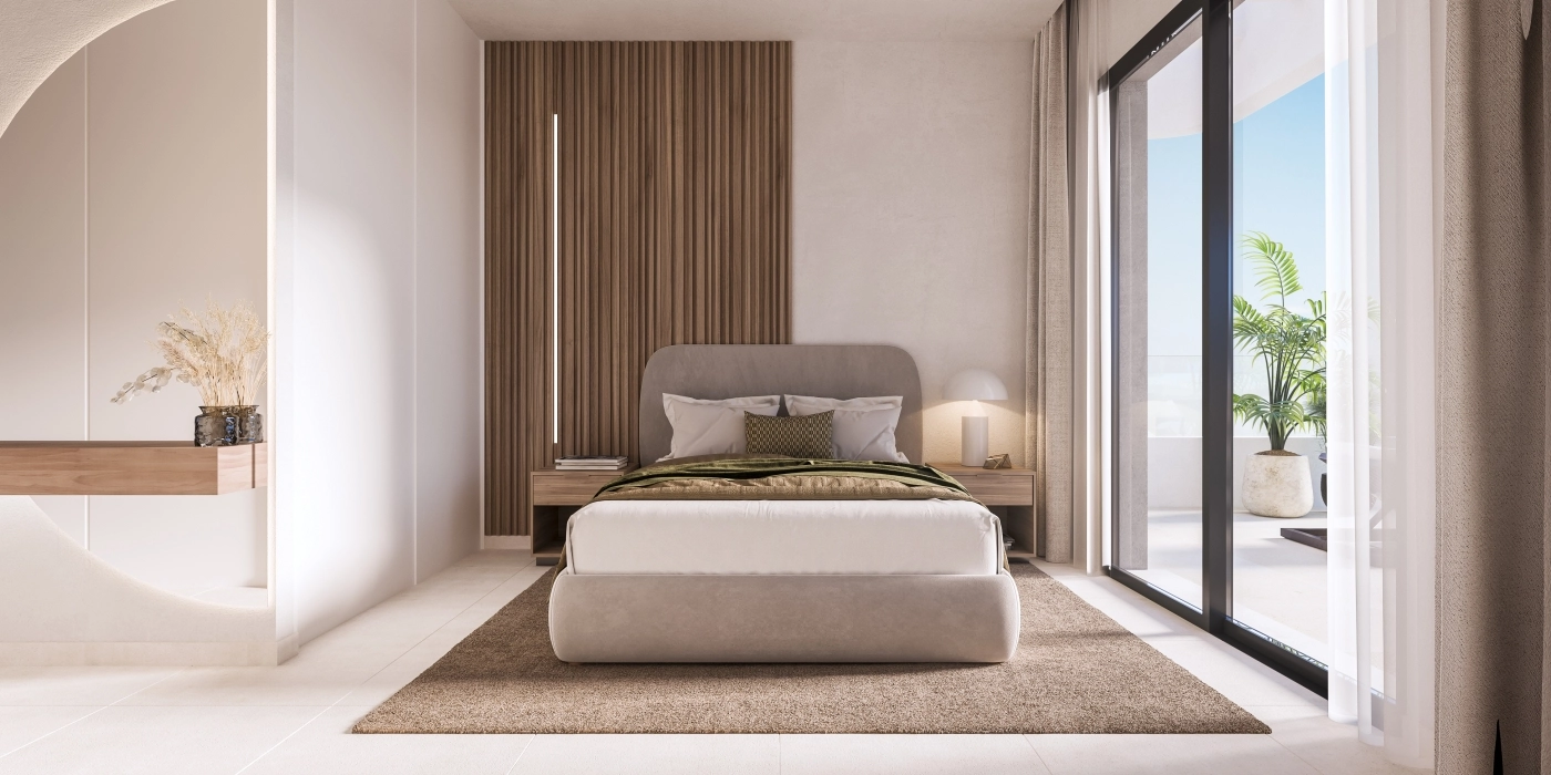 Ett rofyllt master sovrum med modern design och direkt tillgång till en privat terrass, vilket skapar en personlig oas.