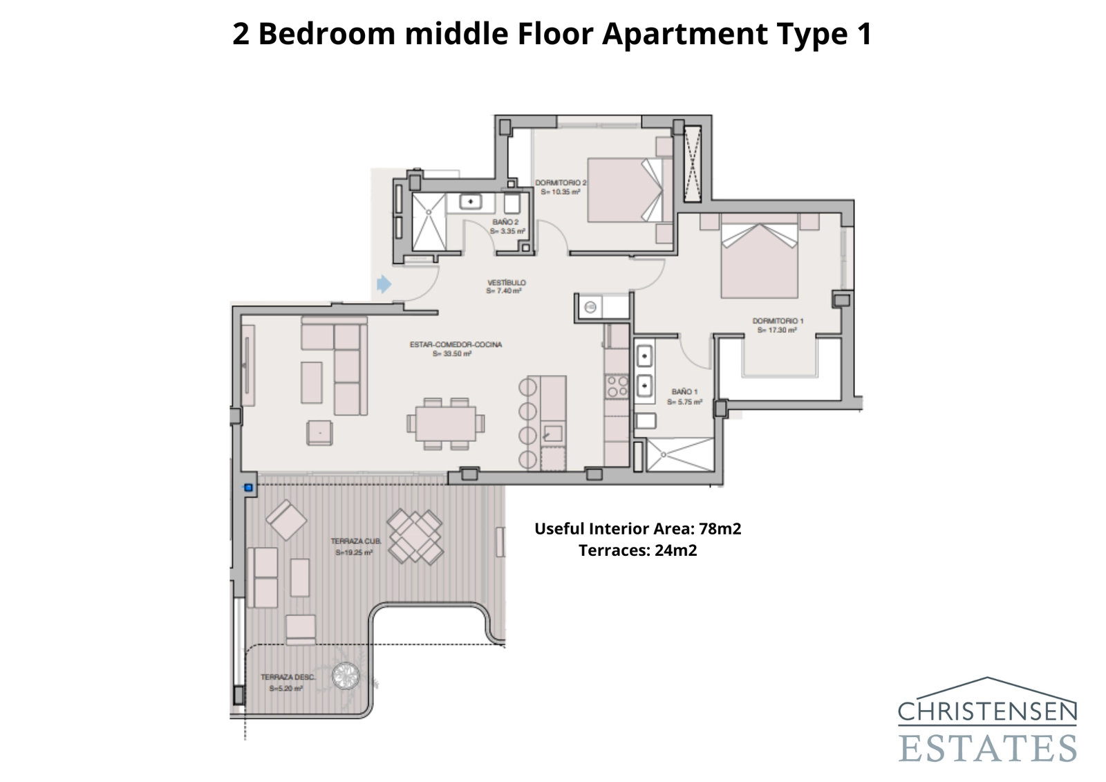 En intelligent designad lägenhetsplan med två sovrum som maximerar utrymme och naturligt ljus, komplett med en rymlig terrass.