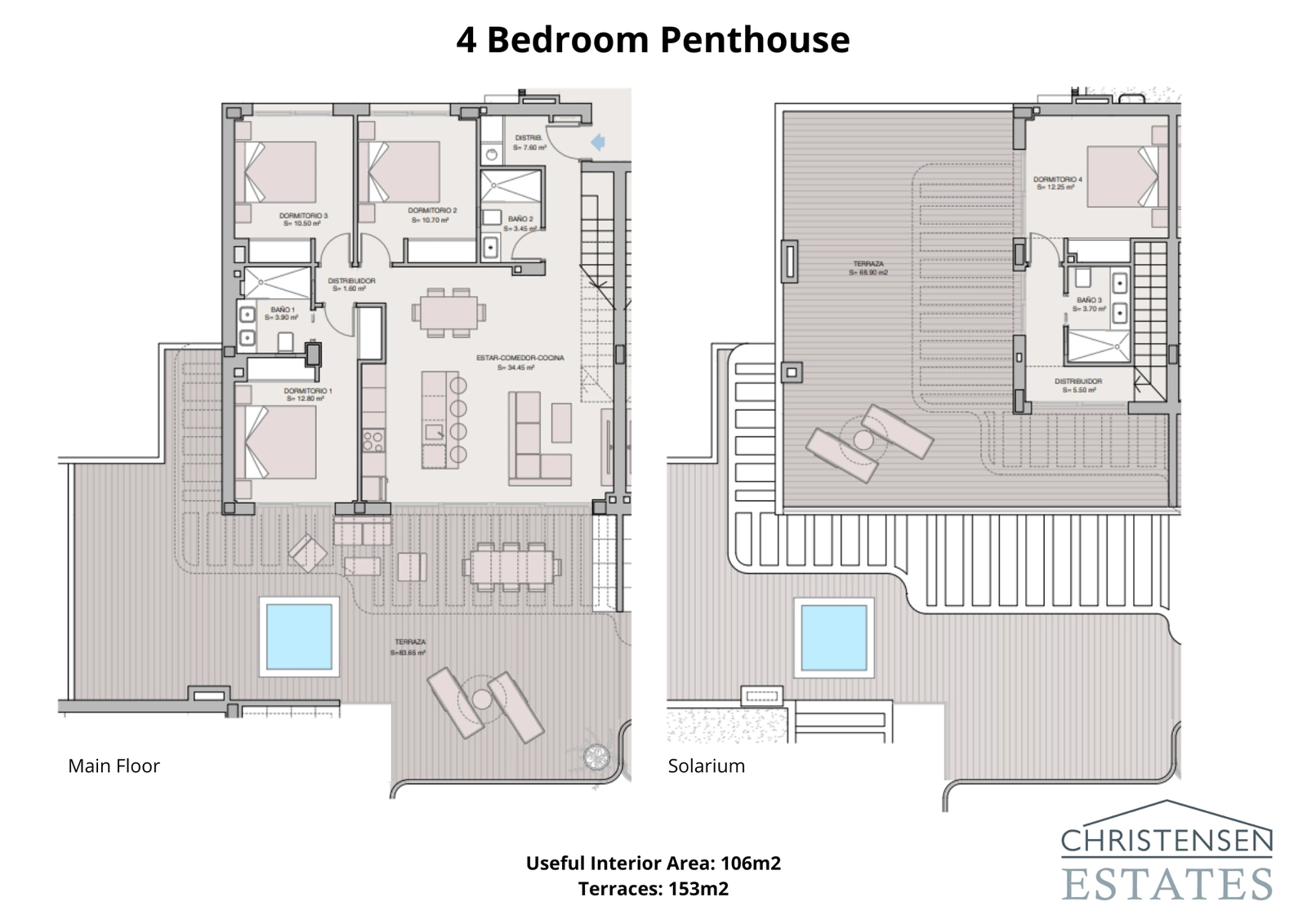 Den rymliga takvåningslösningen med fyra sovrum sträcker sig över två våningar och har stora terrasser och ett solarium för den ultimata lyxiga livsstilen.
