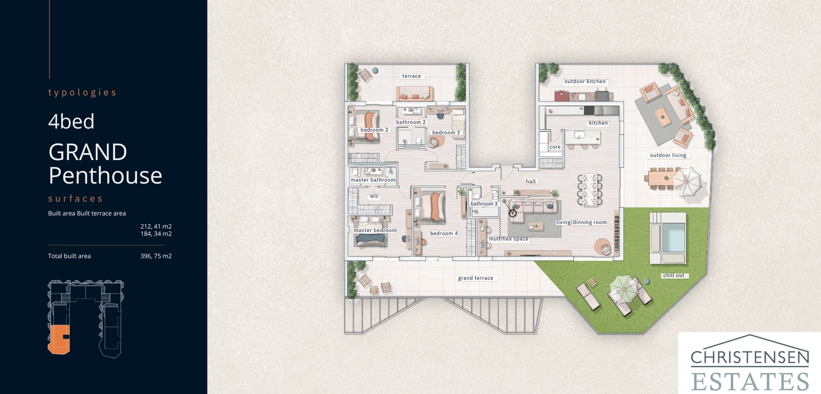 Planlösning för fyra sovrum 'Grand Penthouse'. Detta rymliga hem erbjuder fyra rymliga sovrum och flera terrasser för exceptionell komfort och underhållning.