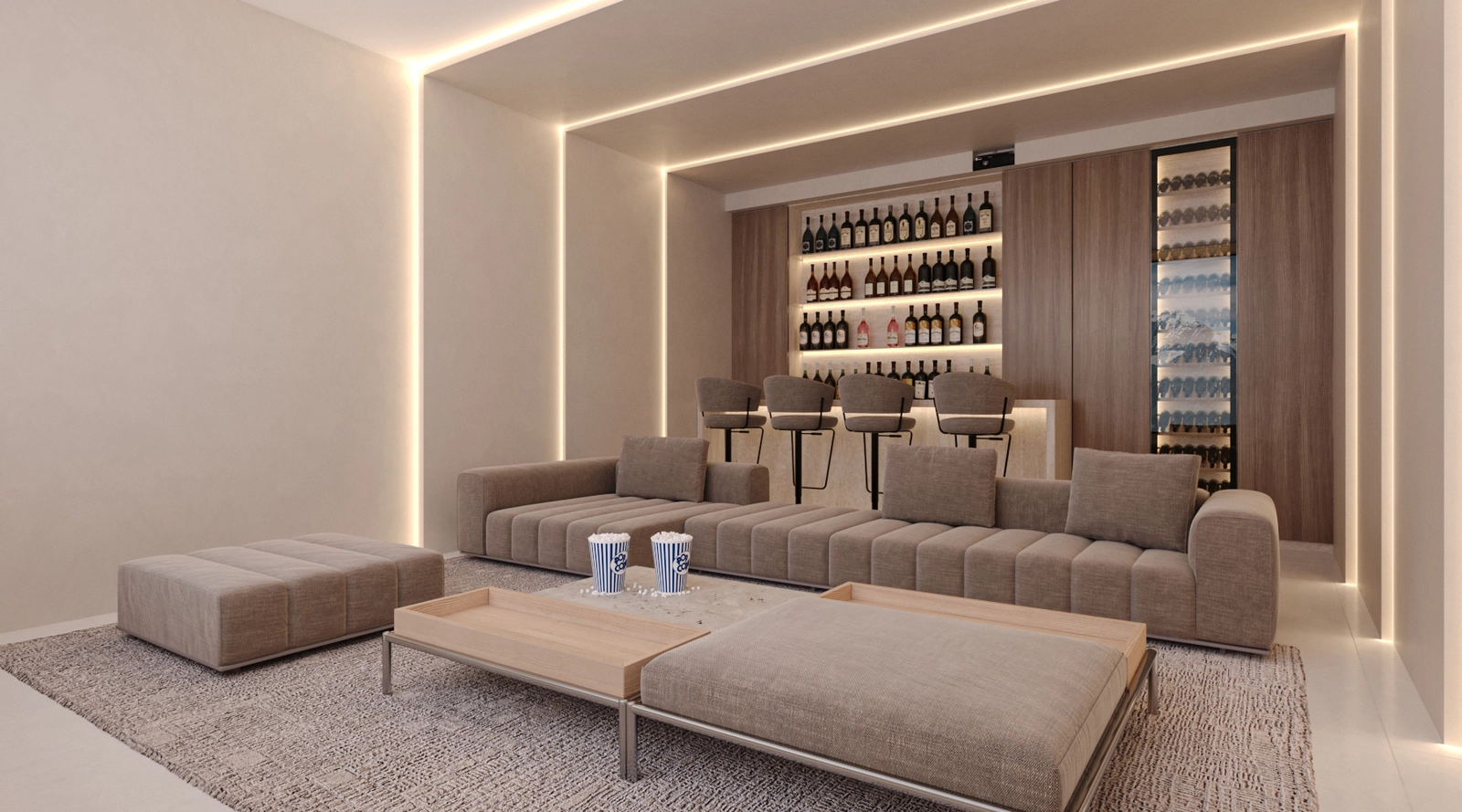 Den mångsidiga källarvåningen inkluderar en sofistikerad hemmabio och ett privat barområde.