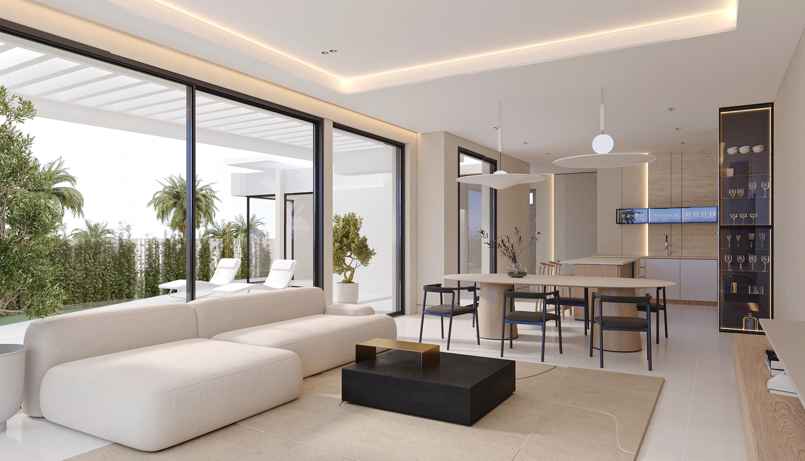 Det ljusa, öppna vardagsrummet och matplatsen ansluter sömlöst till utomhusterrassen.