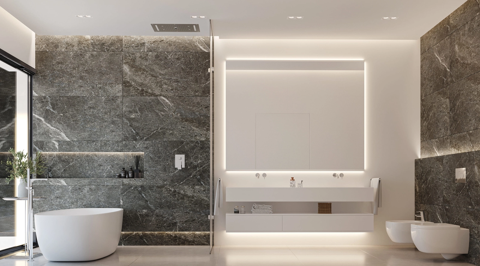 Ett lyxigt badrum med fristående badkar och premiummaterial för optimal avkoppling.