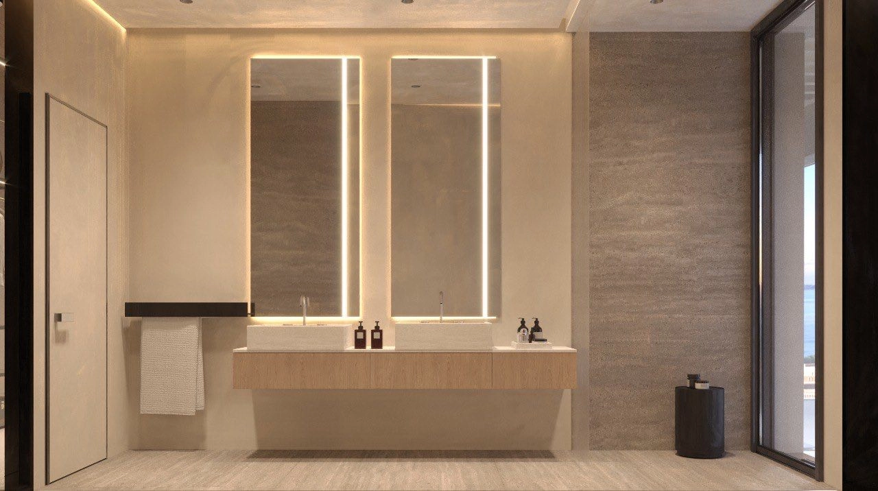 Elegant badrumsdesign med en rymlig duschkabin och sofistikerad belysning.