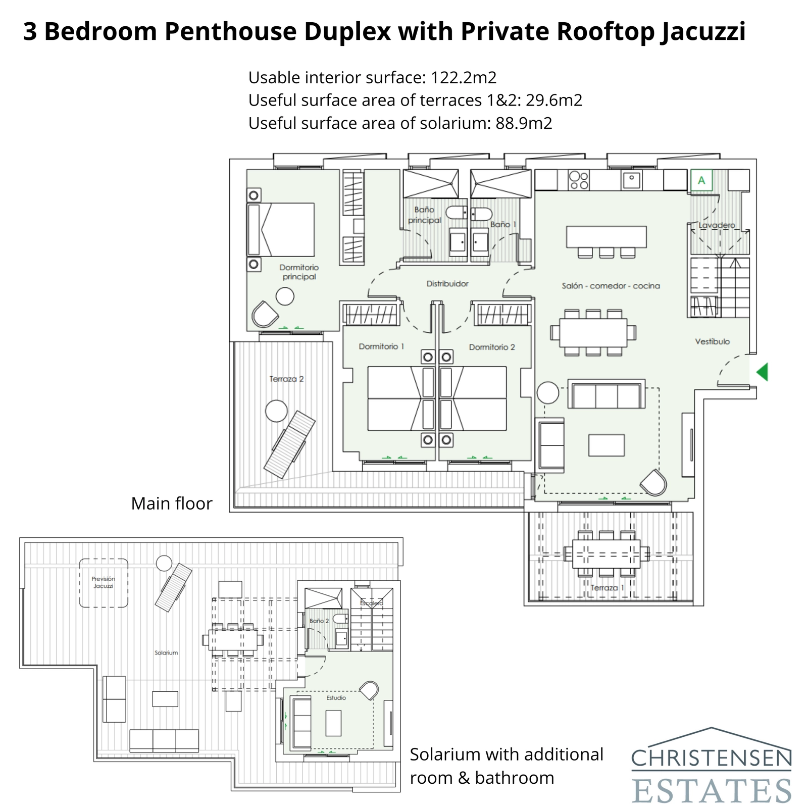 Planlösningen för denna fantastiska takvåning i två plan med tre sovrum avslöjar en rymlig huvudvåning och ett magnifikt taksolarium med ett extra rum och badrum.