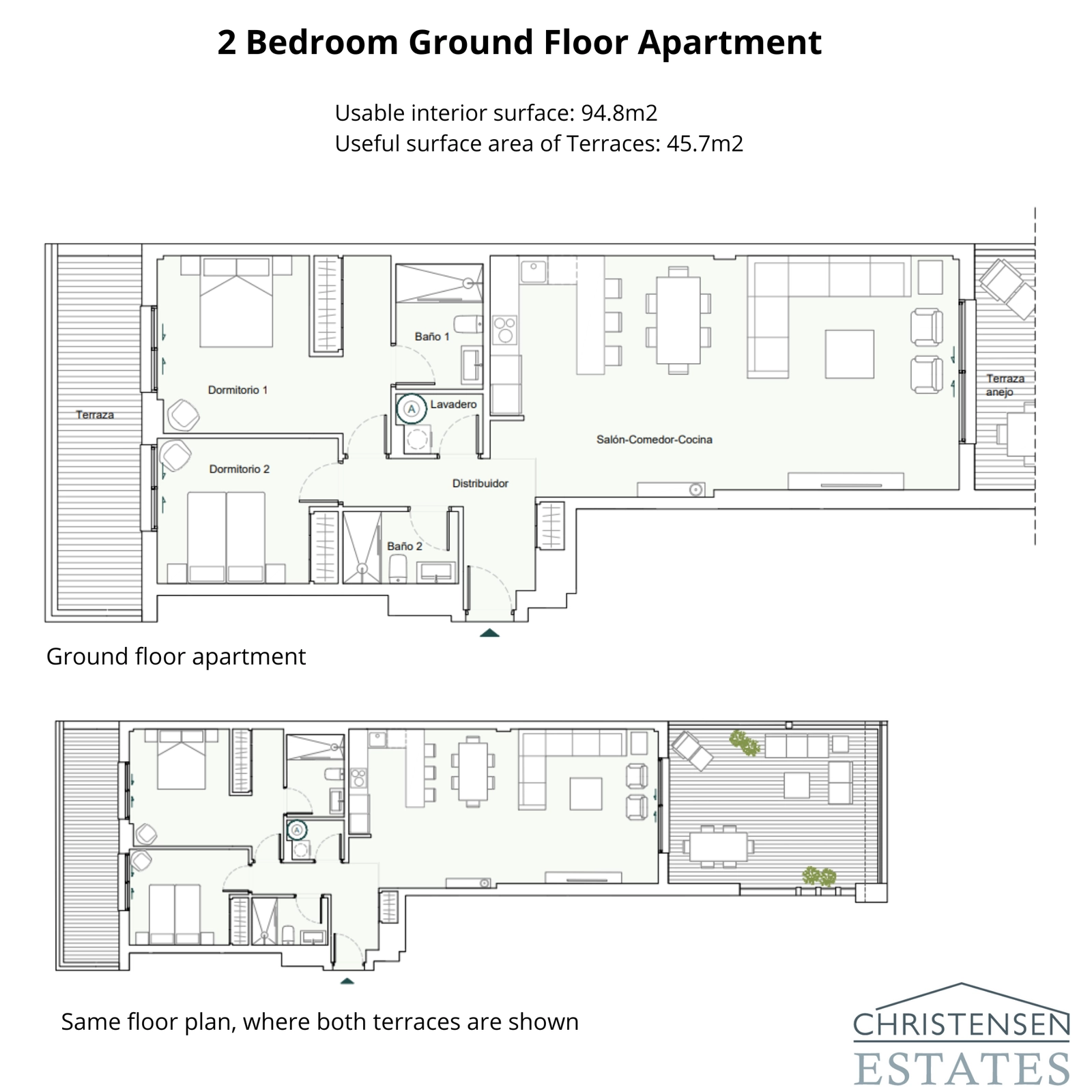 Denna planlösning för en tvårumslägenhet på bottenvåningen visar en smart design med ett öppet vardagsrum som ansluter till två separata terrasser, vilket förstärker livsstilen mellan inomhus och utomhus.