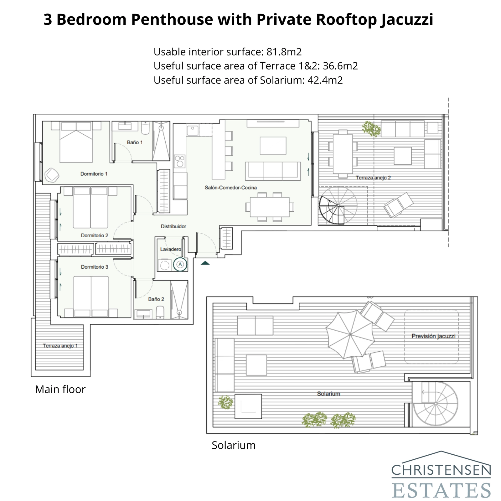 Denna takvåning med tre sovrum erbjuder en exceptionell planlösning med två terrasser på huvudvåningen och ett stort privat solarium på övre plan, designat för förstklassig komfort och exklusivitet.