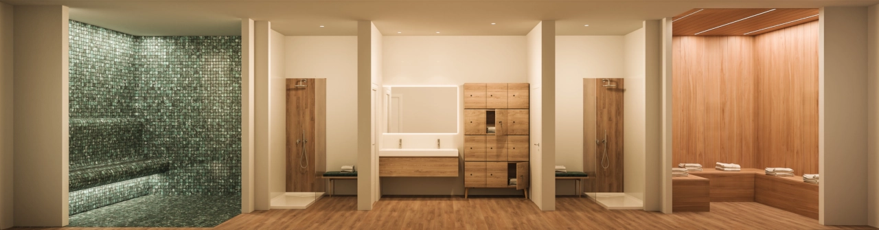 Invånarnas spa inkluderar bastu och turkiskt bad, vilket erbjuder ett privat utrymme för välbefinnande och föryngring.