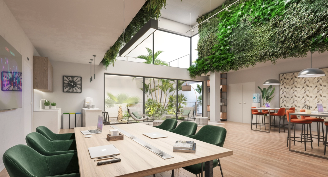 En stilren och bekväm co-working lounge där invånarna kan arbeta, mötas eller koppla av.