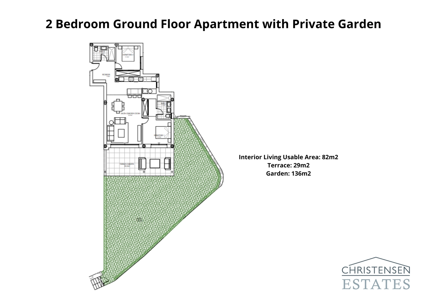 Denna planlösning för en bottenvåningslägenhet med två sovrum visar ett sömlöst flöde från den invändiga sällskapsytan till en rymlig terrass och en stor privat trädgård, perfekt för utomhusliv.