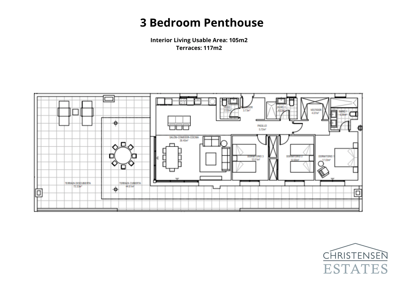 Planlösningen för takvåningen med tre sovrum erbjuder stora sällskapsytor och en imponerande takterrass, designad för avskildhet och för att maximera den fantastiska panoramautsikten.