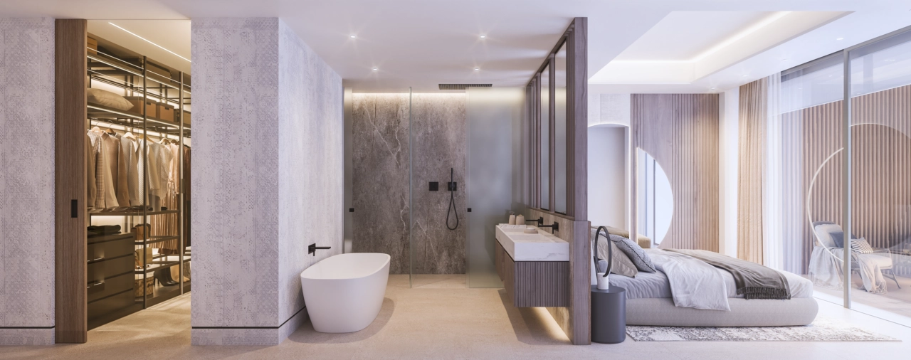 Master-sviten är en fristad av komfort och stil, komplett med ett öppet badrum och en walk-in-garderob.