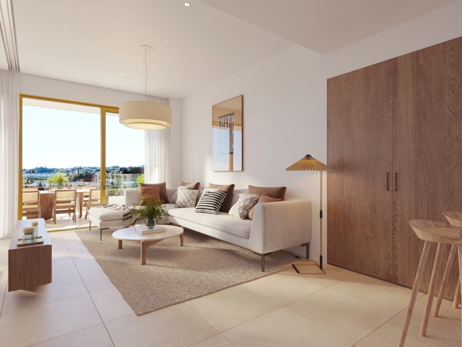 Ett ljust och modernt vardagsrum, designat med högkvalitativa material för optimal komfort.