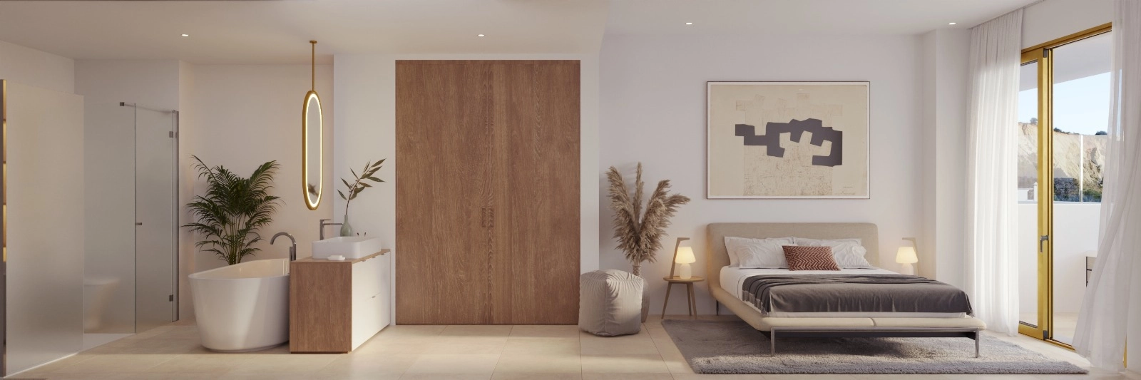 Master bedroom-sviten erbjuder en fridfull reträtt med en elegant, öppen planlösning i badrummet.