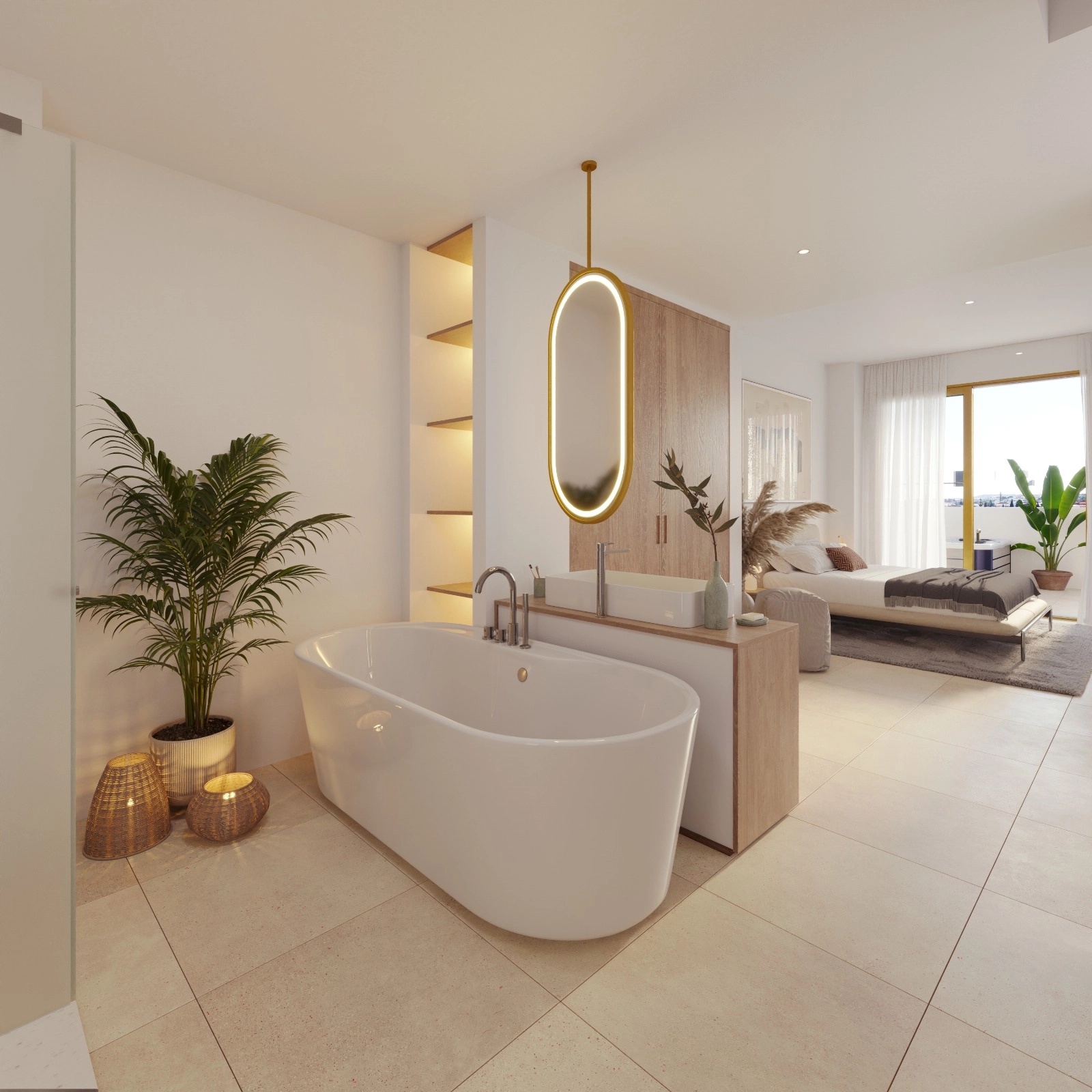 Ett vackert inrett badrum med ett fristående badkar, som skapar en spa-liknande upplevelse hemma.