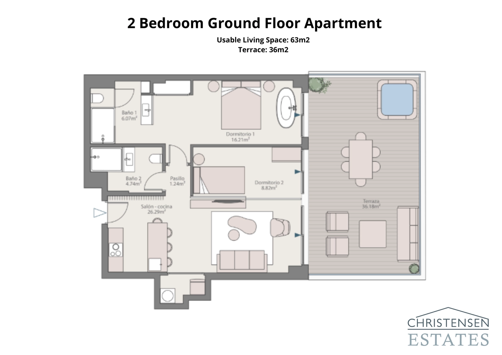 En rymlig markplansbostad med två sovrum som erbjuder en sömlös anslutning till en stor privat terrass och trädgårdsyta.