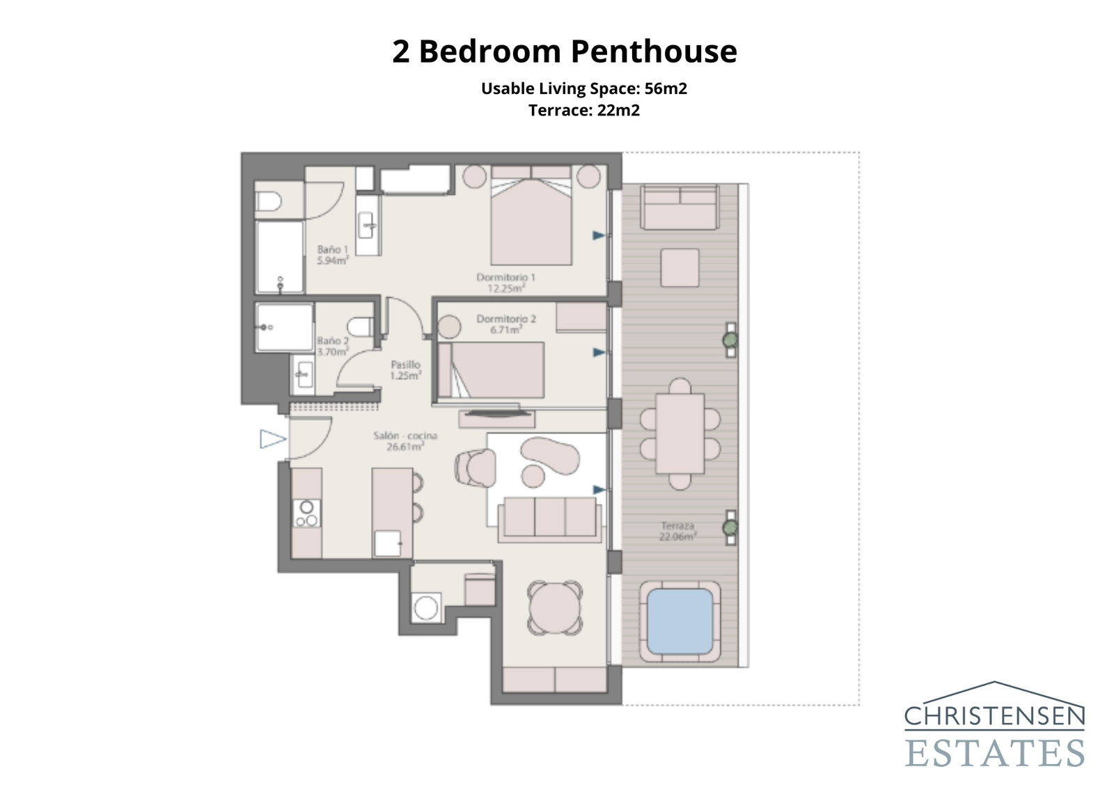 Takvåningen med två sovrum erbjuder en effektiv användning av utrymmet och leder ut till en privat terrass med utmärkt utsikt.