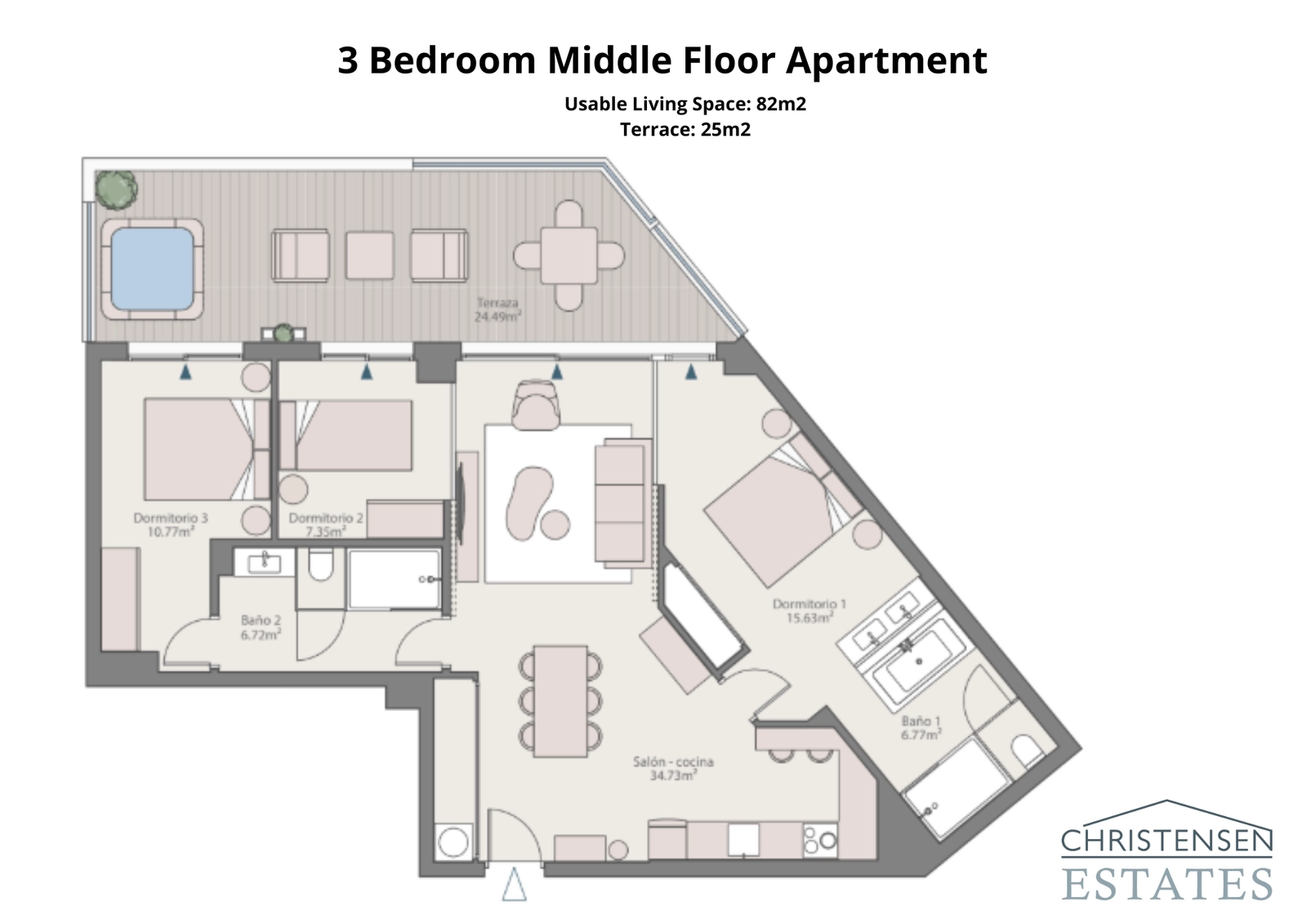 En stor bostad med tre sovrum och en stor öppen planlösning med vardagsrum och kök, ansluten till en bred terrass för hela familjens njutning.