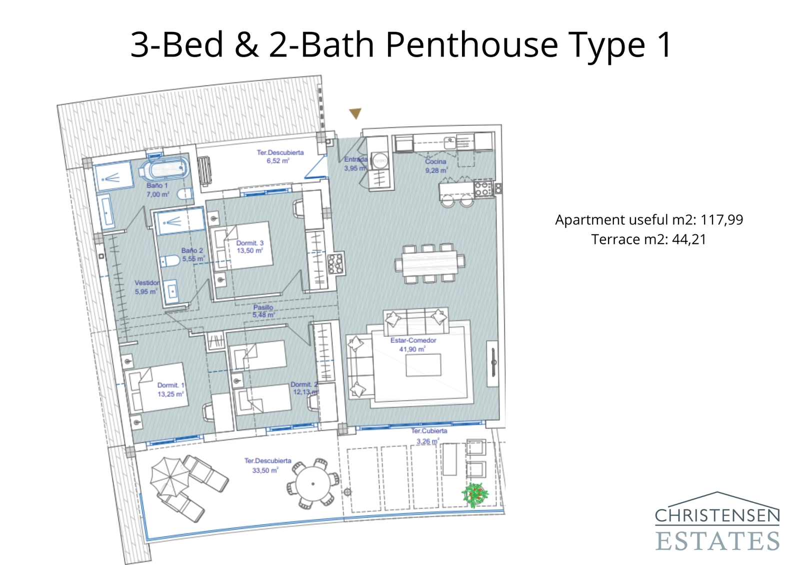 Denna takvåningslayout med 3 sovrum erbjuder en intelligent design på en nivå, med generösa sällskapsytor och stora terrasser för att maximera njutningen av utsikten.