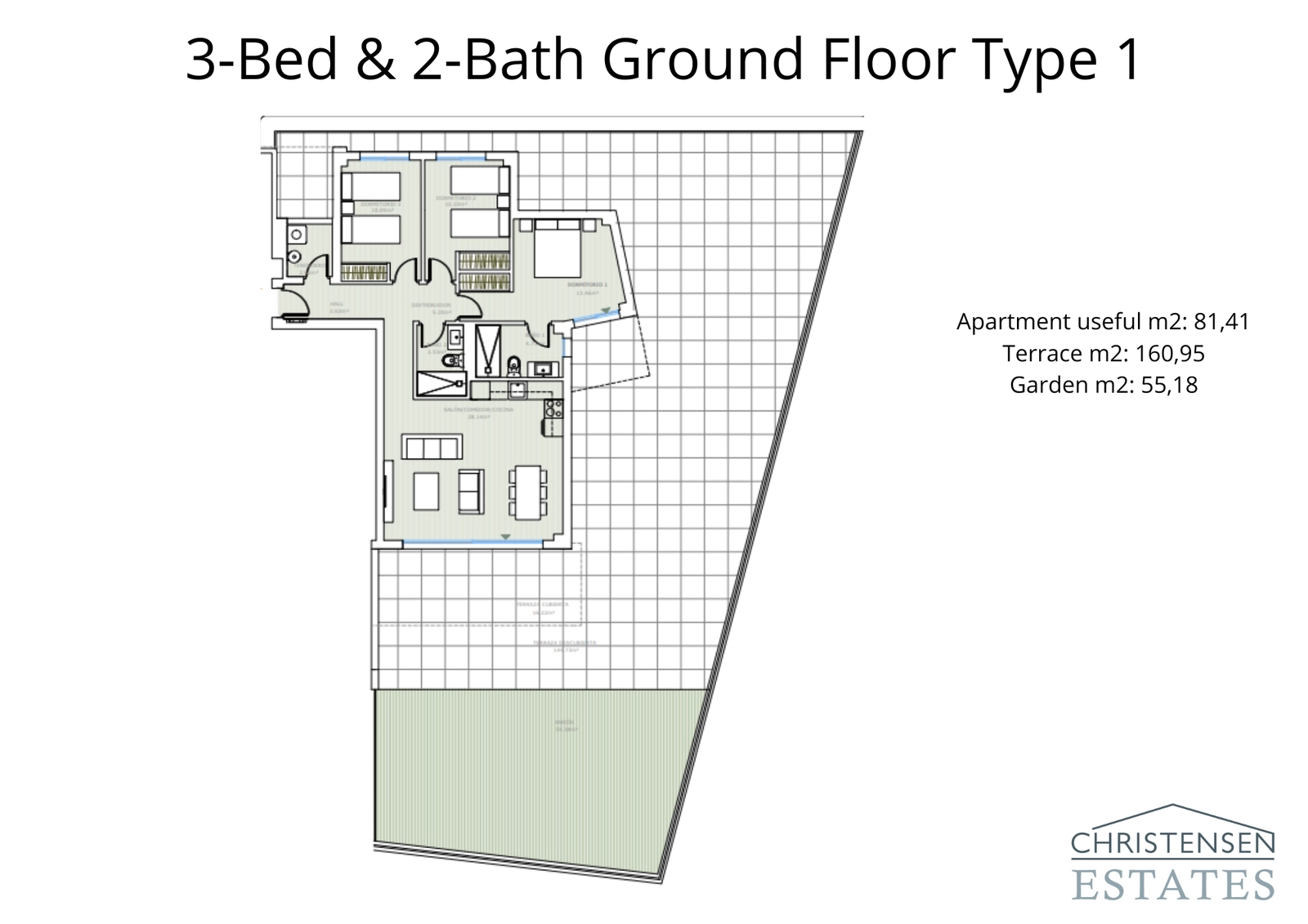 En rymlig markplansbostad med tre sovrum, komplett med en stor terrass och en privat trädgård för den ultimata utomhuslivsstilen.
