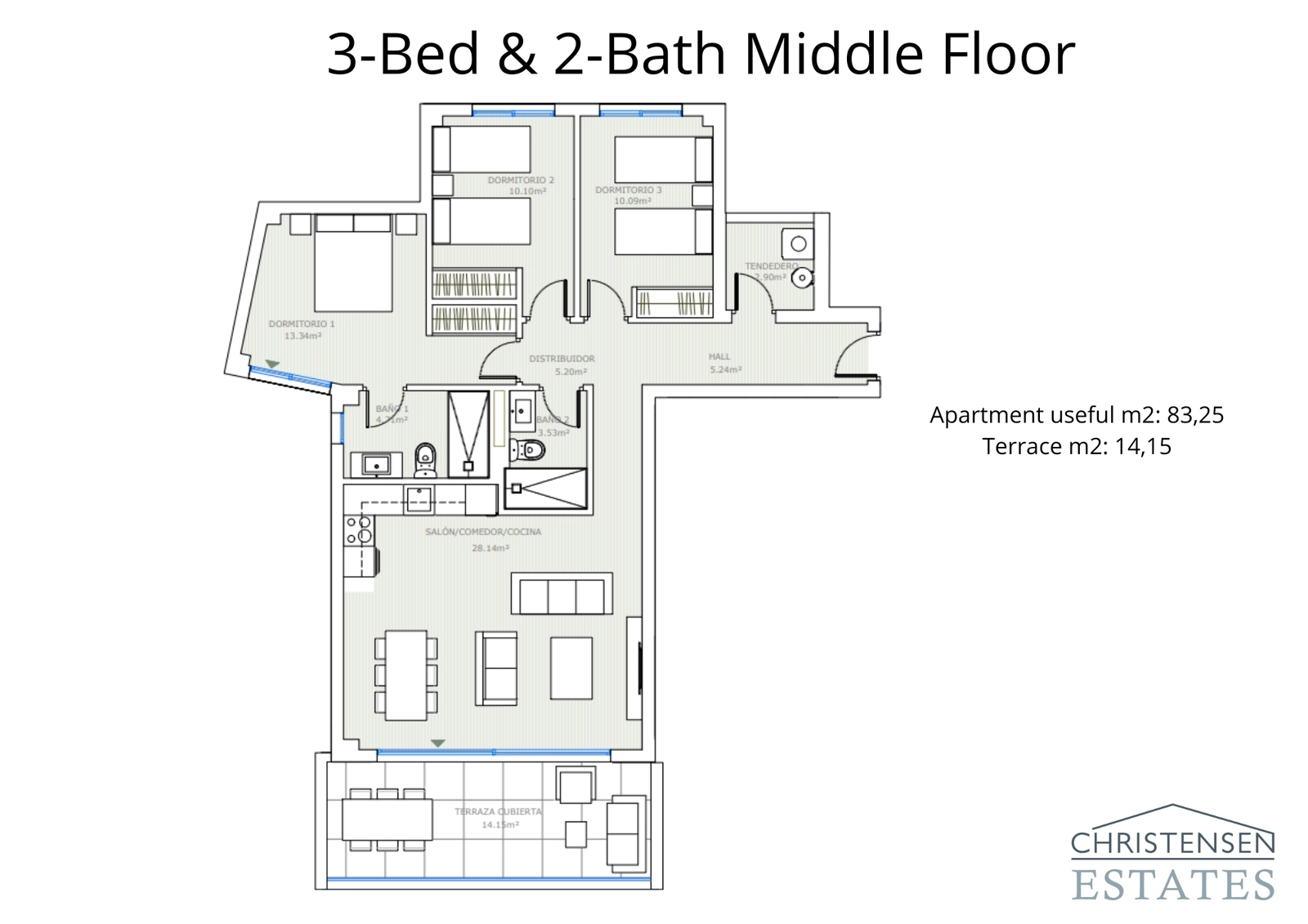 En välutformad lägenhet på mellanplan med tre sovrum med en bekväm planlösning och en privat terrass för att njuta av utsikten.