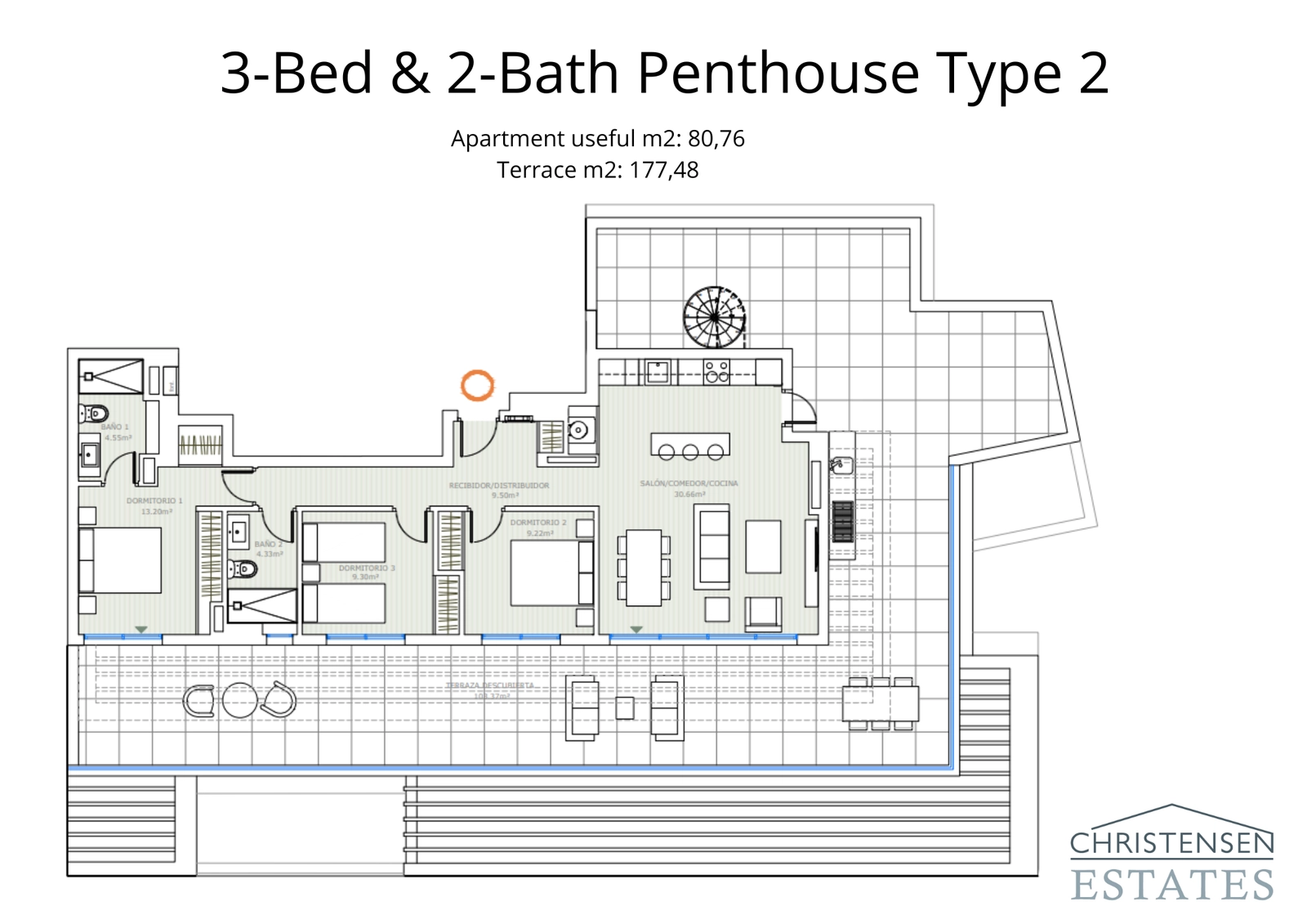 En imponerande takvåningsplanlösning med tre sovrum som har en stor terrass, perfekt för underhållning och för att njuta av panoramautsikt över Costa del Sol.