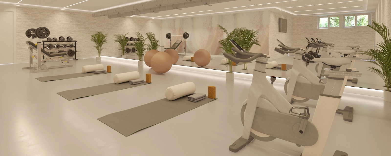 Ett fullt utrustat gym gör det möjligt för invånare att upprätthålla en hälsosam livsstil utan att lämna hemmet.