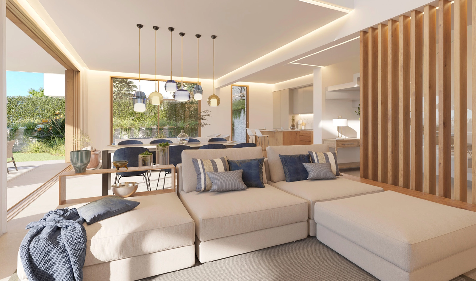 Öppna planlösningar ansluter sömlöst till utomhusterrassen, vilket skapar ett perfekt utrymme för underhållning.