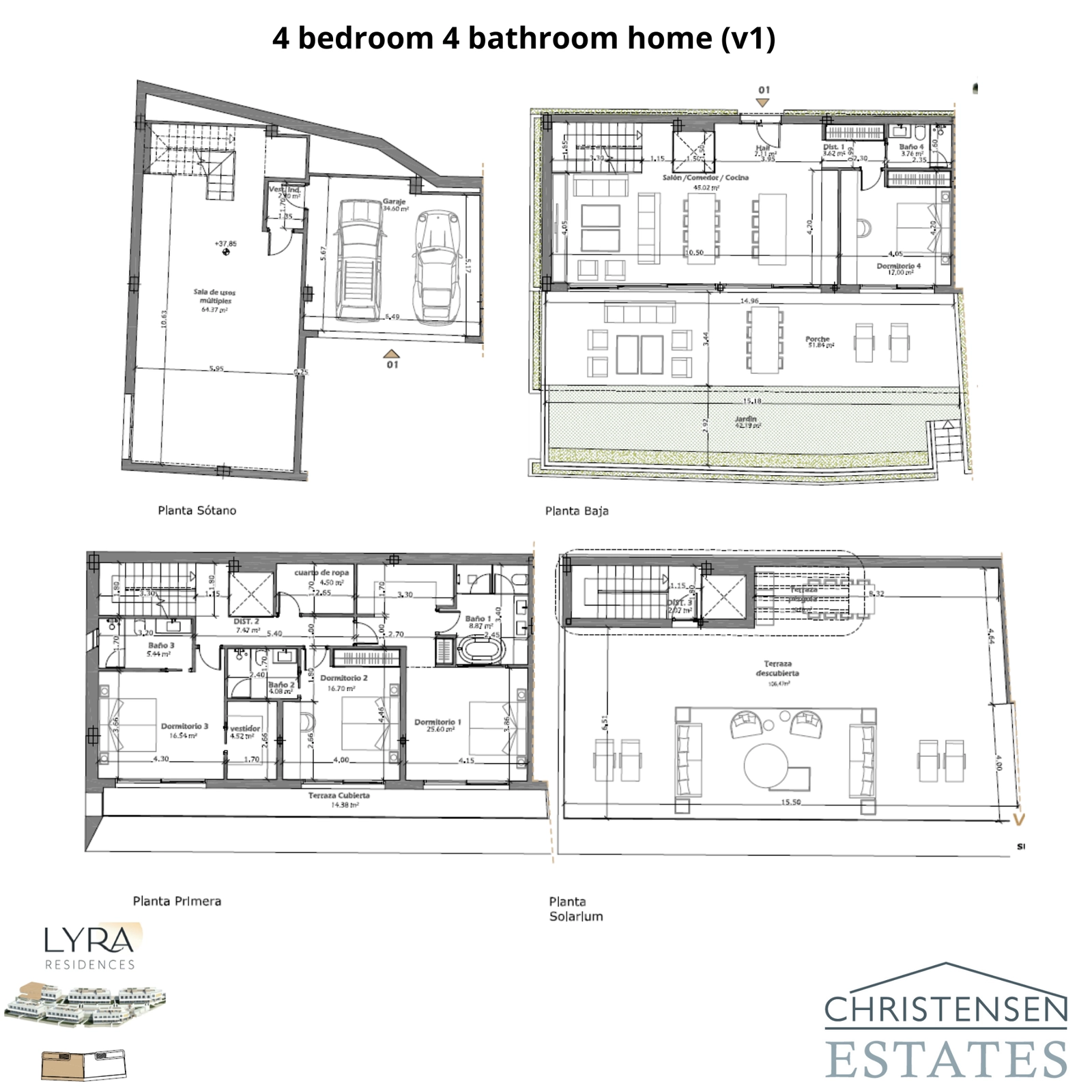 Denna planlösning i fyra nivåer visar upp en rymlig bostad med 4 sovrum, med detaljer om privat garage, öppen planlösning i vardagsrummet, sovrum och ett stort taksolarium.