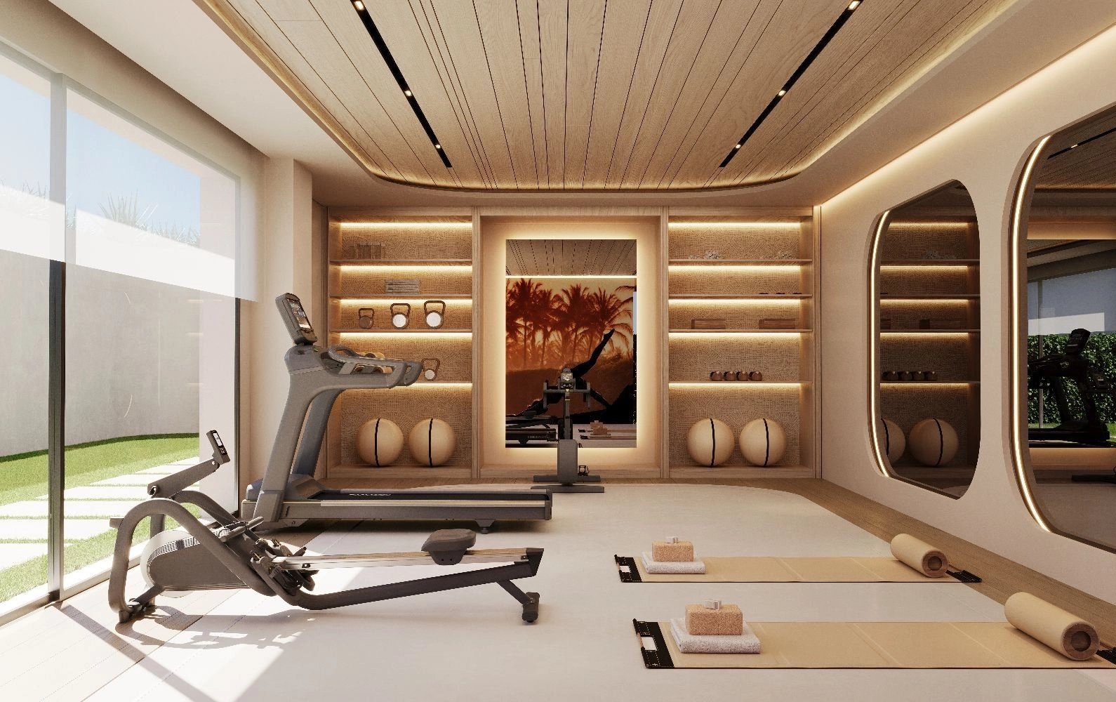 Det toppmoderna, fullt utrustade gymmet möjliggör ett komplett träningspass i ett vackert designat utrymme.