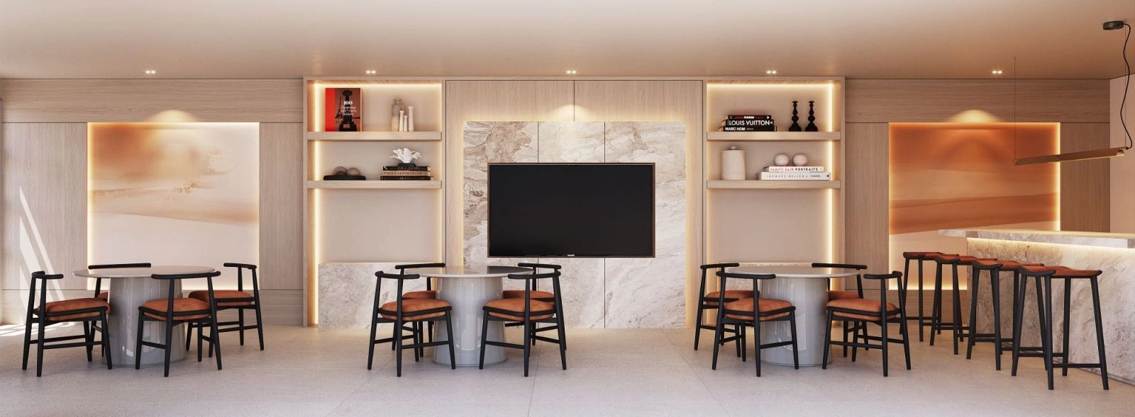 Den stilfulla gourmetklubben utgör en sofistikerad social knutpunkt för boende och deras gäster att umgås och koppla av.