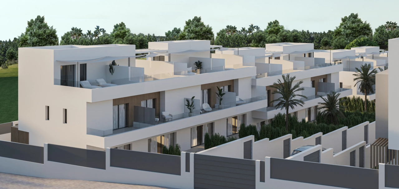En vy över den eleganta exteriöra arkitekturen och privata terrasser.