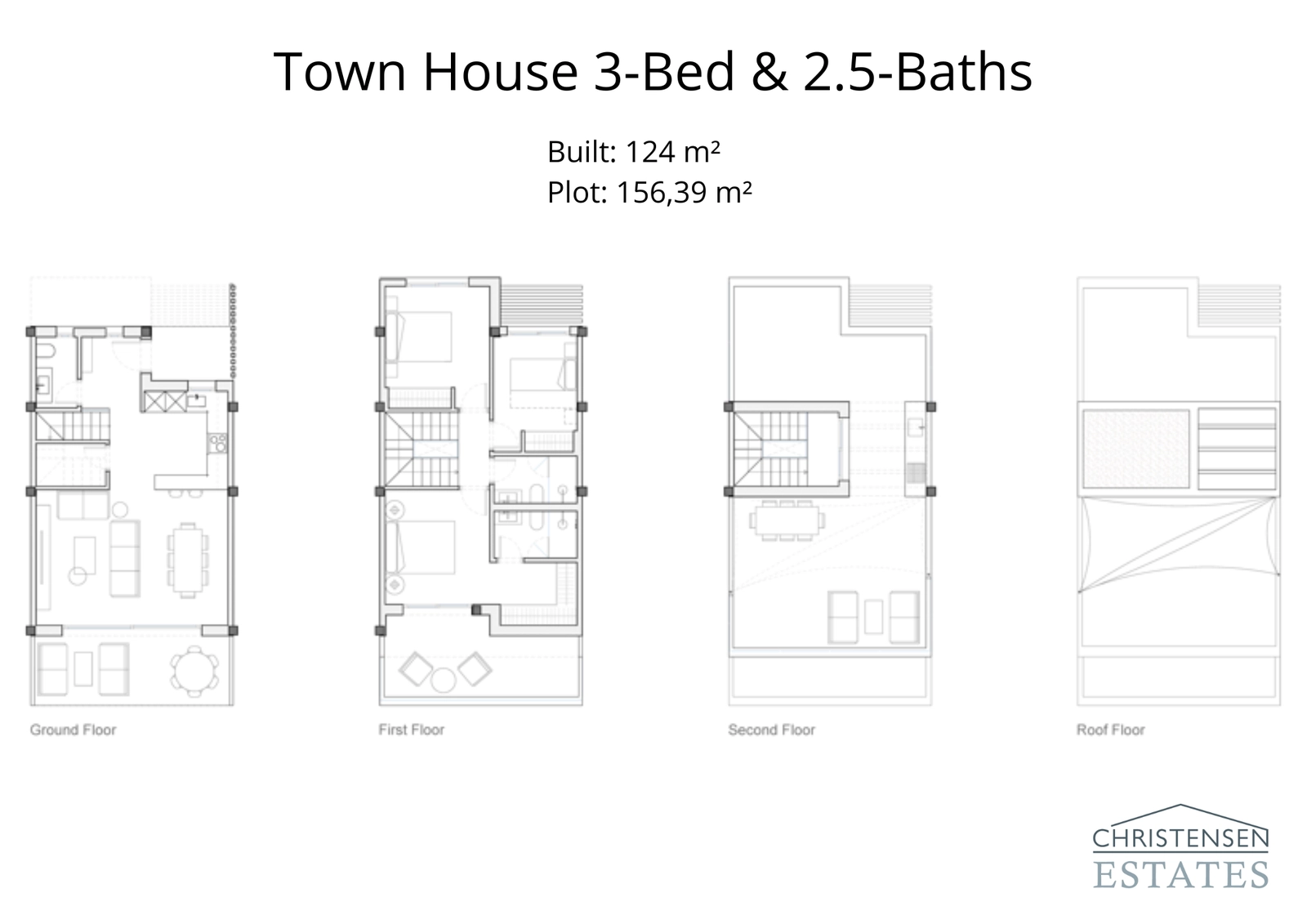Denna planlösning för radhuset med tre sovrum visar ett genomtänkt designat hem på 124 m² med effektivt utnyttjande av utrymmet.