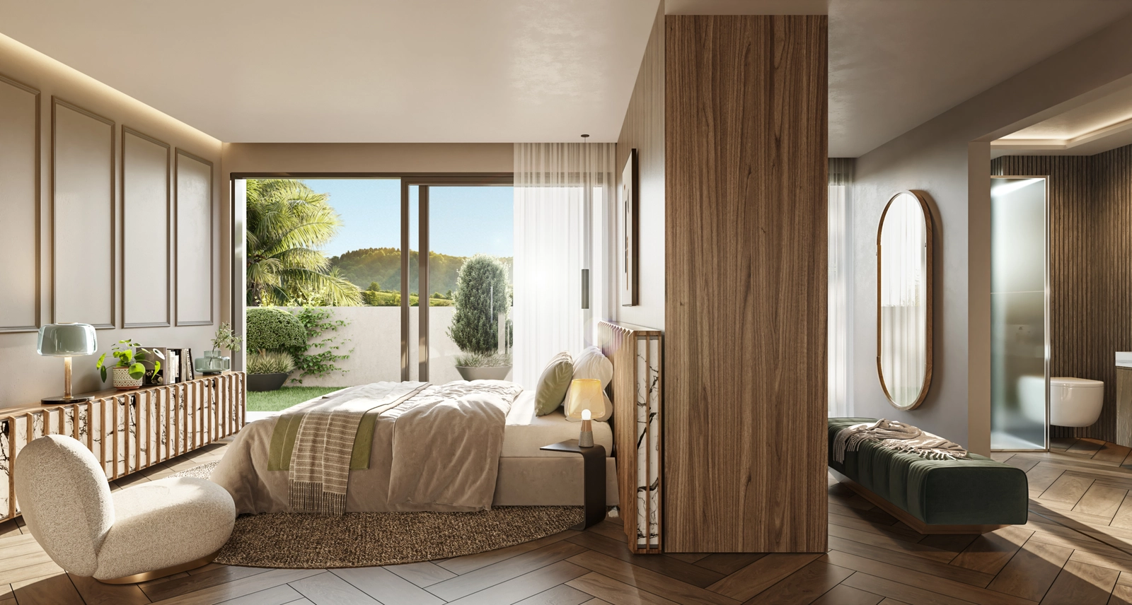 Ljusa och rymliga vardagsrum är designade med eleganta detaljer och stora fönster som ramar in den fantastiska havsutsikten.