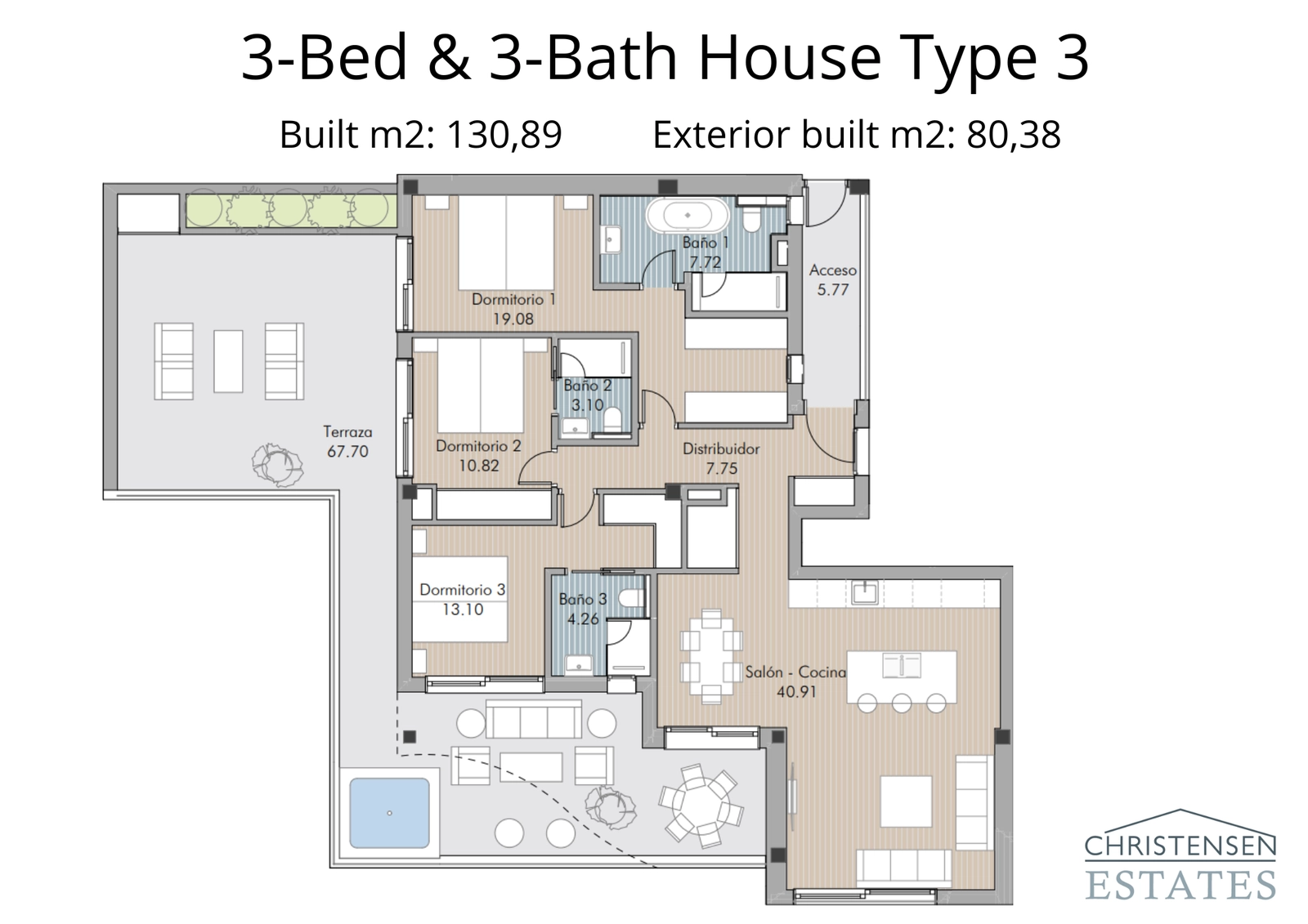 En rymlig lägenhetsplanlösning med tre sovrum, som visar generösa vardagsrum och en stor terrass för att njuta av klimatet.
