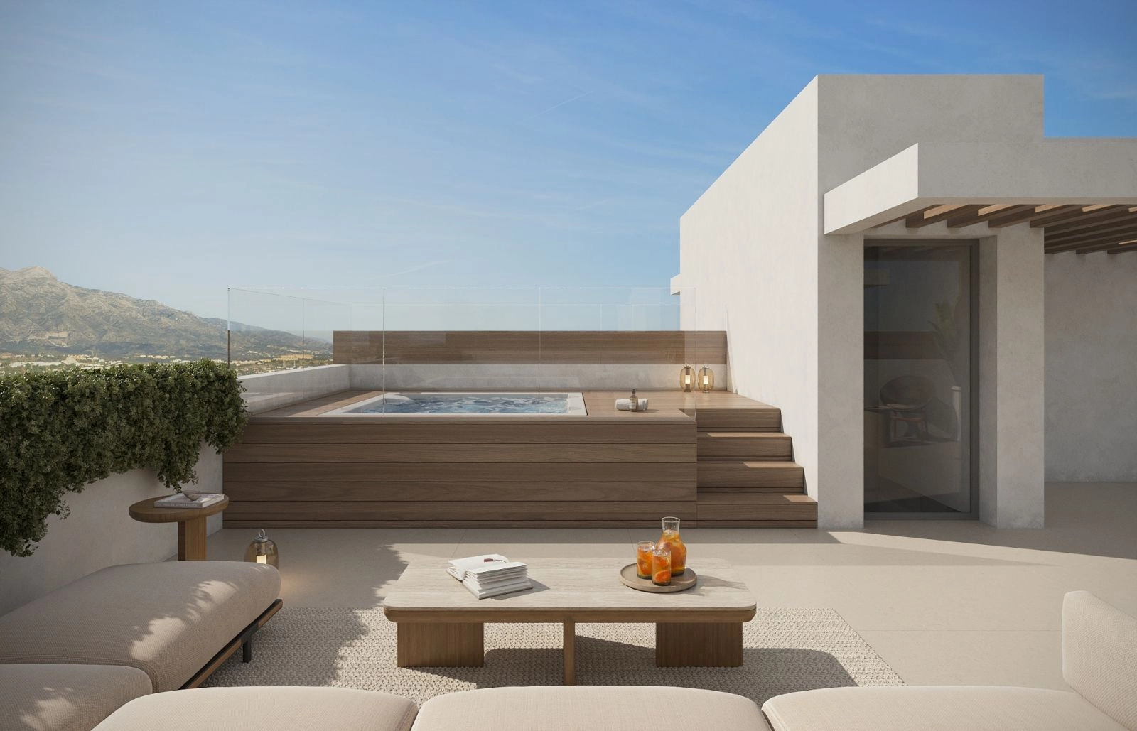 Ditt privata taksolarium, en idealisk plats för avkoppling i jacuzzin med utsikt över bergen.