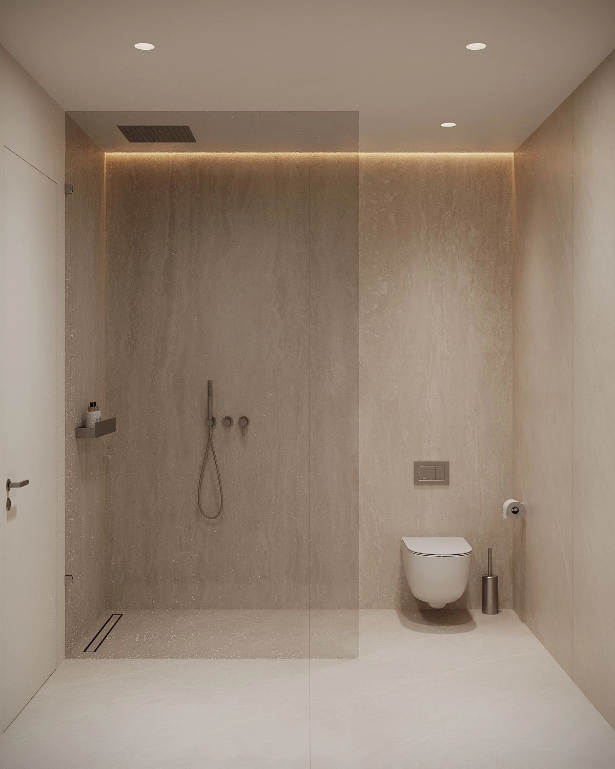 Ett fläckfritt badrum komplett med en walk-in-dusch och minimalistiska, högkvalitativa armaturer.