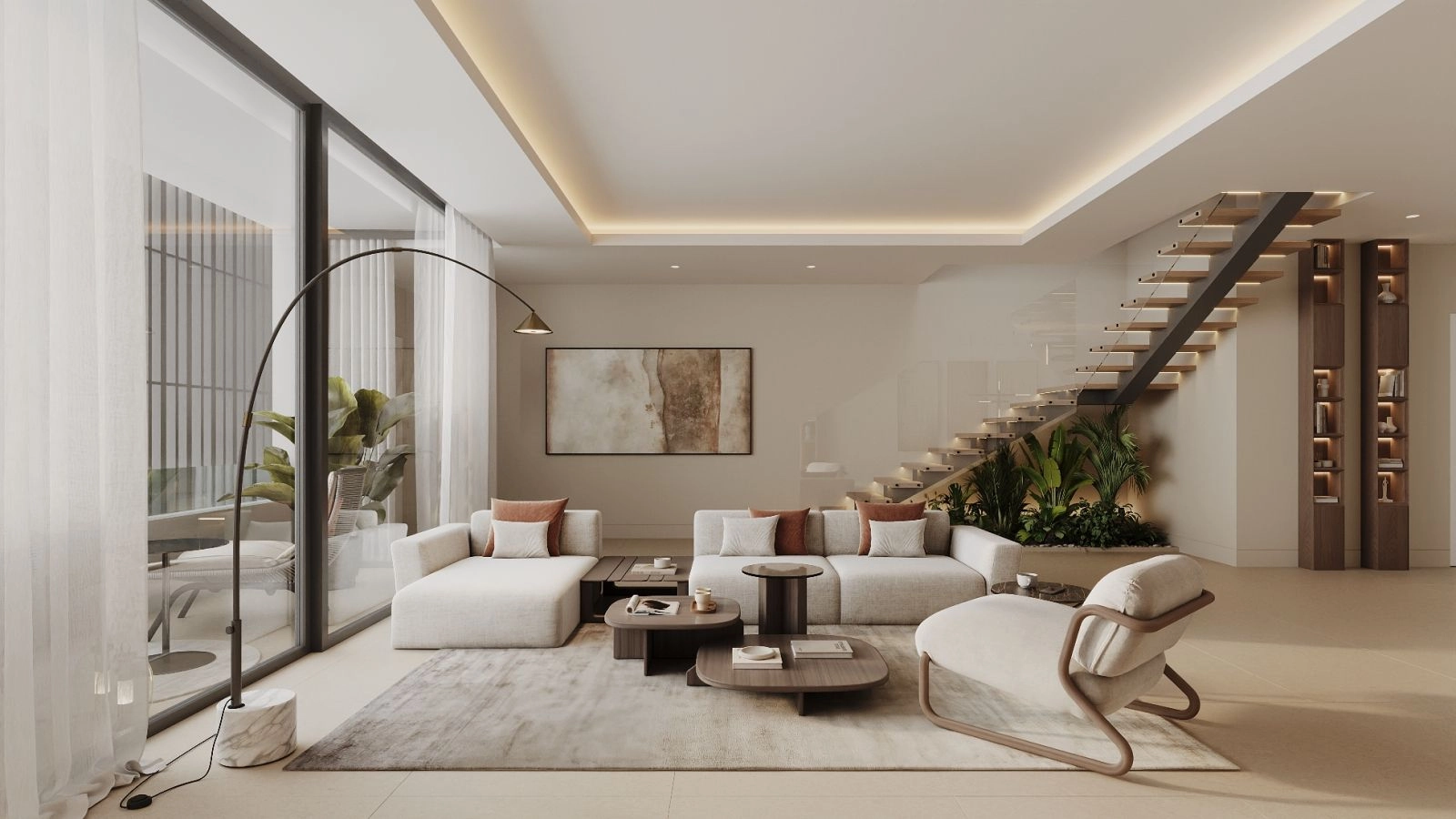 Ljusa och öppna vardagsrum fyllda med naturligt ljus, med en modern, elegant design.