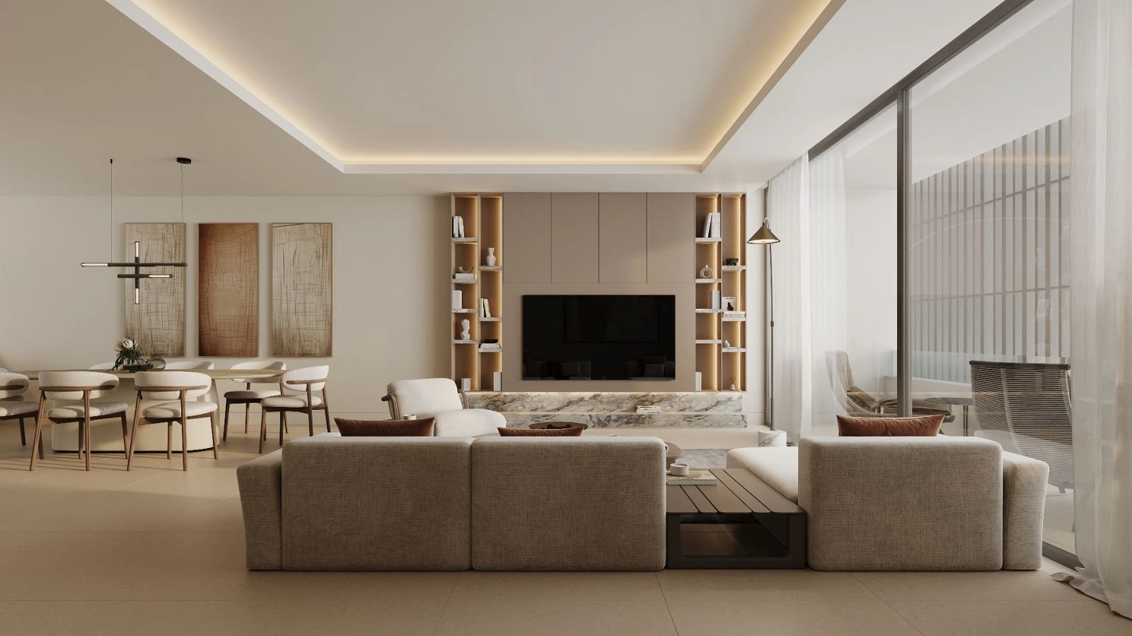 Ett rymligt vardagsrum och matplats, perfekt för att underhålla gäster eller njuta av lugn familjetid.