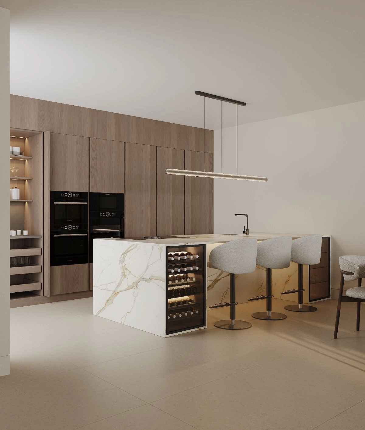 Gourmetköket är utrustat med högkvalitativa vitvaror och en vacker marmorö med vinkyl.