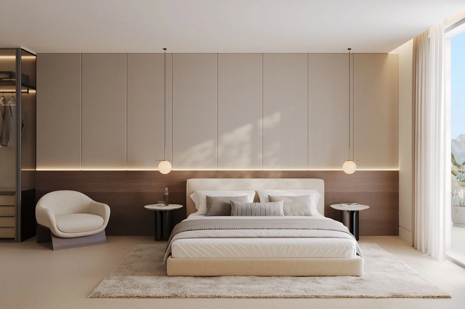 Ett lugnt och rymligt master sovrum designat för maximal komfort och avkoppling.