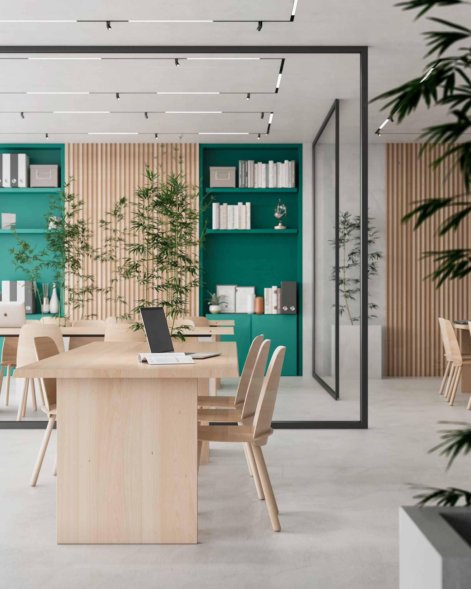 En stilren och lugn coworking-yta designad för produktivitet, som erbjuder en bekväm miljö för de boende.