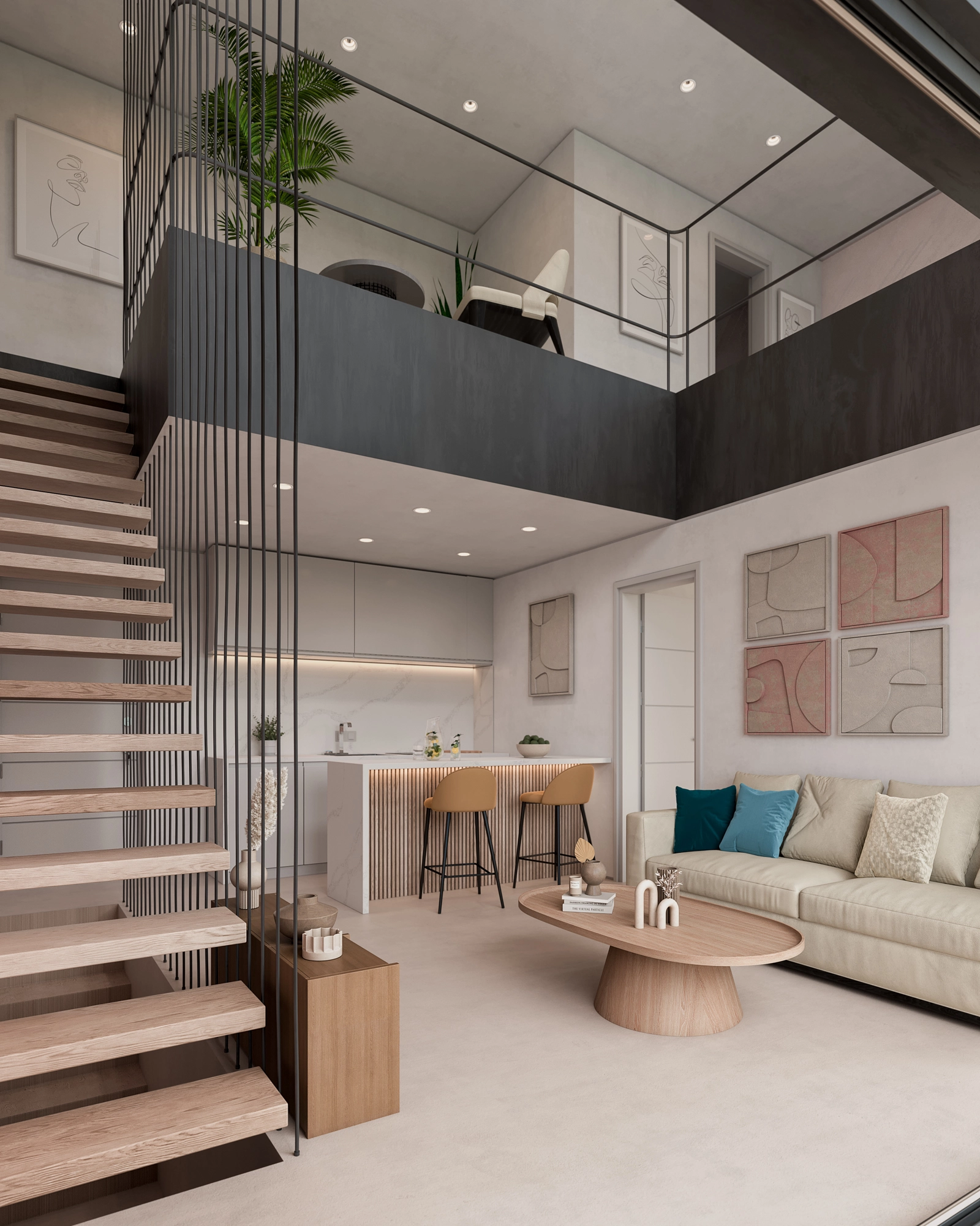 Den öppna planlösningen kombinerar modern design med en varm, inbjudande atmosfär, perfekt för avkoppling eller umgänge.