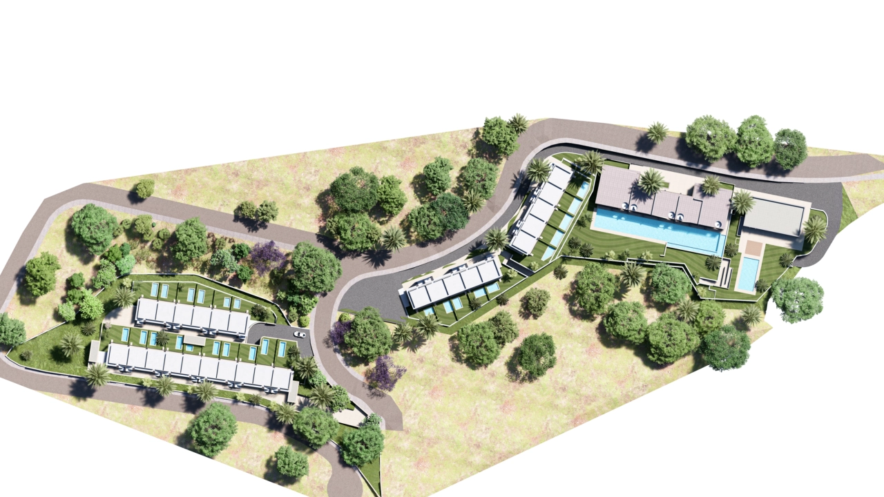 En omfattande masterplan som illustrerar områdets genomtänkta layout, dess grönområden och gemensamma utrymmen.