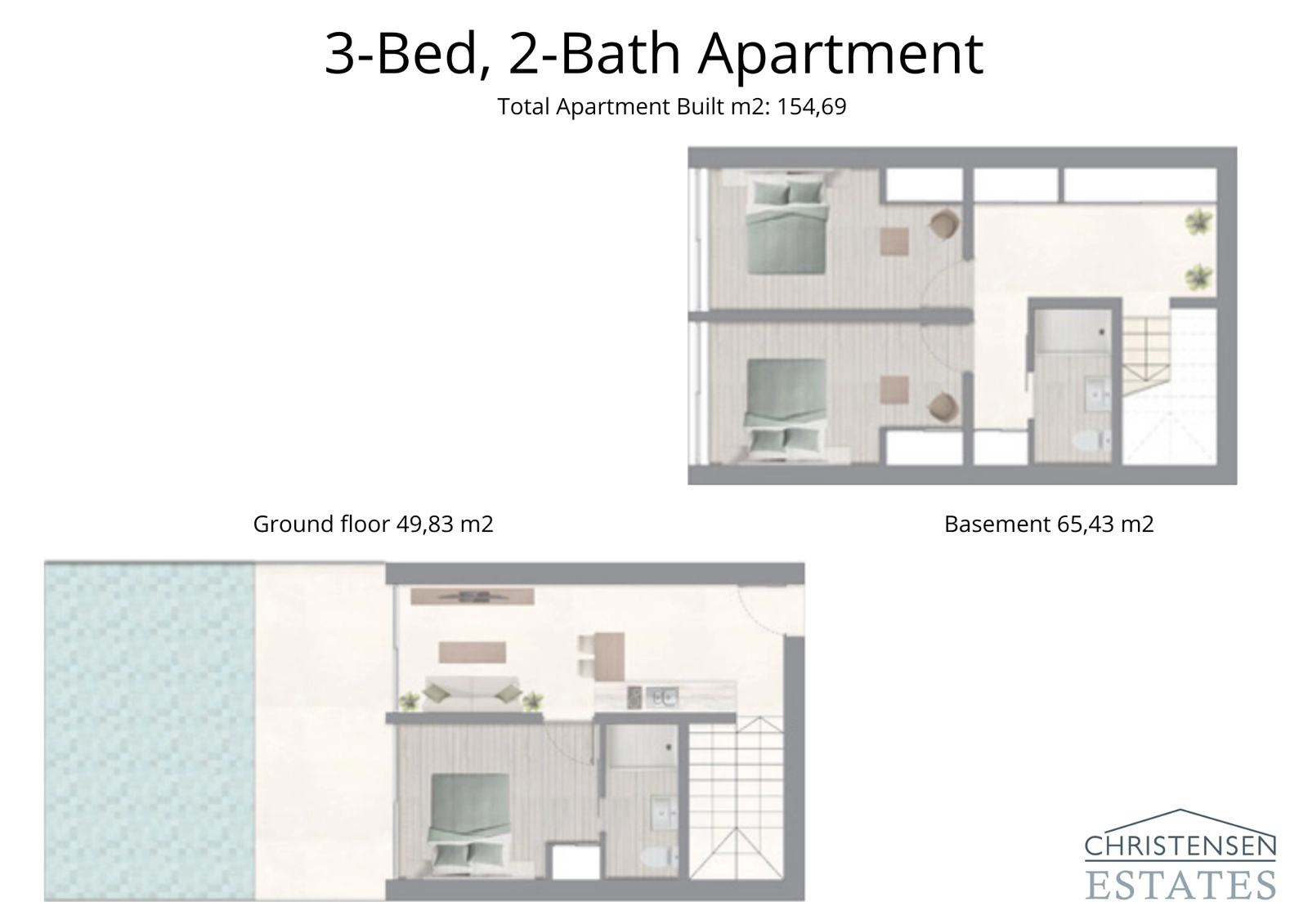 En etagelägenhet med tre sovrum och direkt terrassåtkomst till den gemensamma poolen, perfekt för familjeliv.