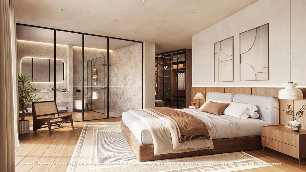 Det rofyllda mastersovrummet erbjuder en fridfull tillflyktsort, med lugna, neutrala toner och en rymlig, modern design.