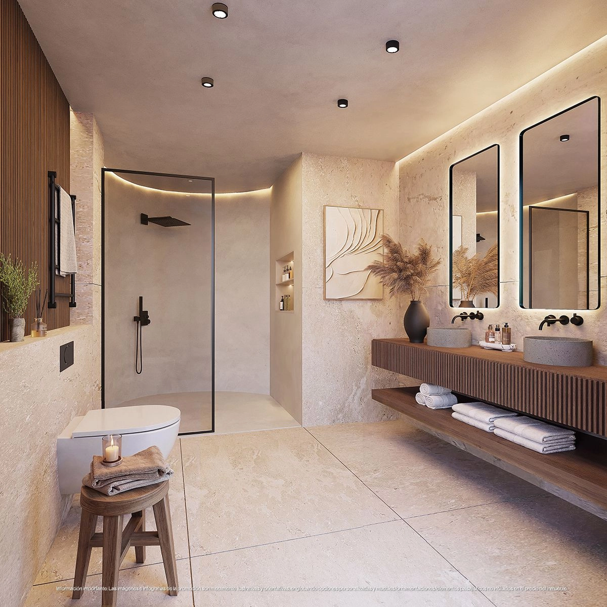 Ett vackert designat badrum med högkvalitativa naturmaterial, som skapar en spa-liknande atmosfär för daglig avkoppling.